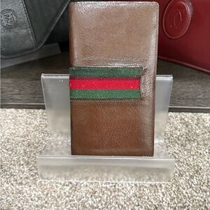 Gucci Brown Leather Card Holder with Green and Red Accent